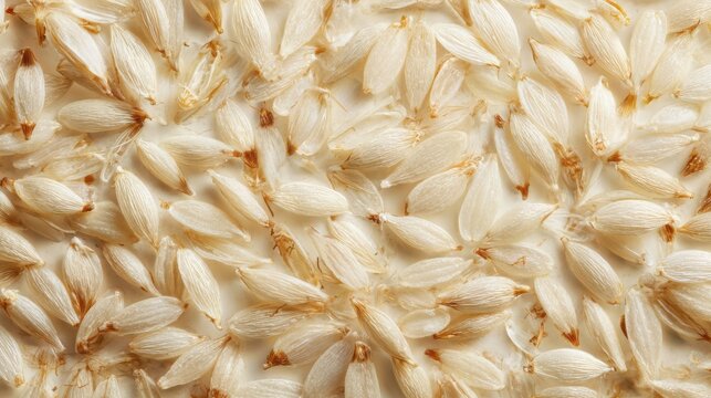 Super realistic macro texture of fonio grains, tiny elongated ivory cereal seeds densely arranged across the frame, delicate husk fragments, subtle