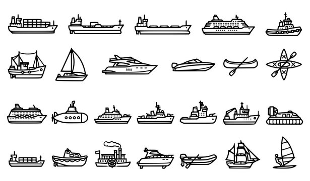 Set of black and white line art icons depicting various types of watercraft boats ships cargo vessels cruise liners sailboats maritime transport with sea transport watercraft maritime