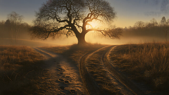 Crossroads of Life: A solitary, ancient tree stands majestically at a fork in the road, shrouded in the ethereal mist of dawn. The rising sun casts a warm, golden hue.