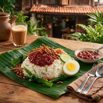 Traditional Malaysian Nasi Lemak Coconut Rice Served on Banana Leaf with Teh Tarik