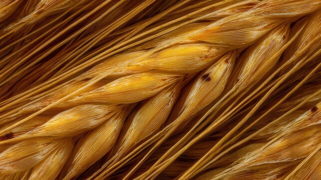 Super realistic macro texture of mature barley grains inside a barley ear, overlapping golden kernels, intricate husk patterns, fine bristles