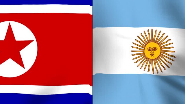 Waving national flags of North Korea and Argentina placed side by side