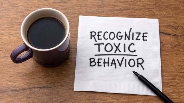 Handwritten Recognize Toxic Behavior Message on White Napkin Beside Purple Coffee Mug, Awareness Concept for Mental Health