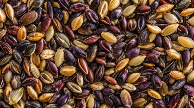 Ultra realistic extreme macro texture of diverse cereal grains densely overlapping together, wheat, rye, barley, oats, millet, sorghum and quinoa