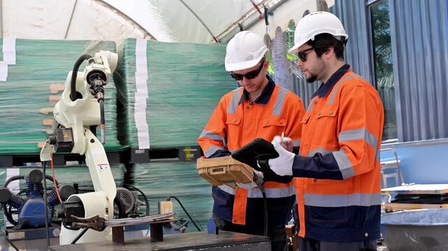 Robotic Collaboration in Manufacturing: Two engineers in safety gear collaborate closely with a robotic arm in a modern industrial setting.