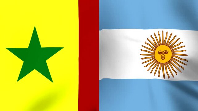 Waving national flags of Senegal and Argentina side by side representing international cooperation and diplomatic partnership