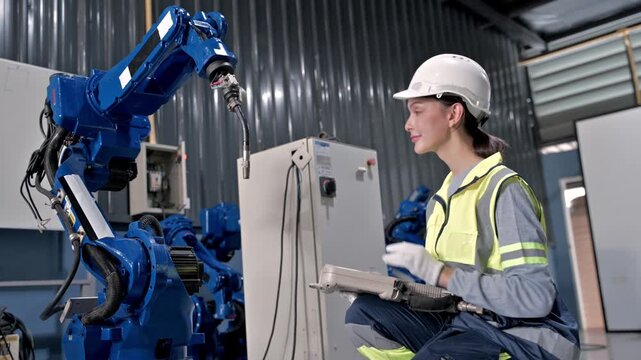 Industrial Robot and Engineer: A female engineer in safety gear operates an industrial robot arm in a modern factory setting, symbolizing advanced automation and manufacturing processes.