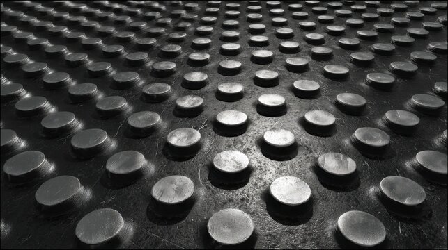 Ultra realistic extreme macro texture of hundreds of identical industrial metal rivets densely covering the frame, repeating circular heads, brushed