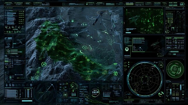 Hybrid civil military UAV control dashboard, elevation mesh, sensor grid points, flight corridors Stock Illustration