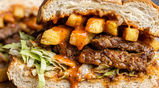 Cape Town Style Gatsby Sandwich Loaded with Steak Slap Chips and Spicy Sauce Close-Up