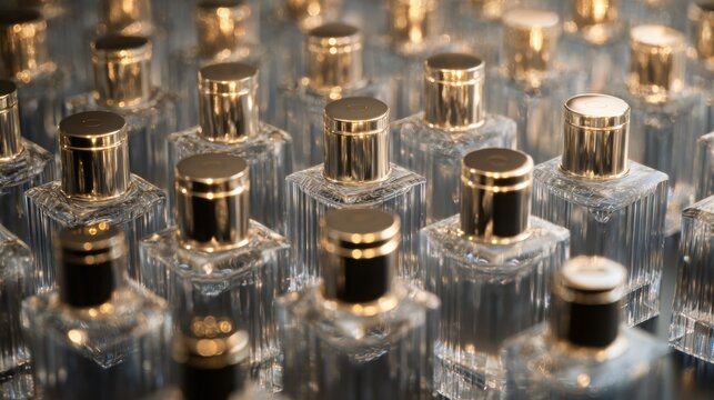Ultra realistic macro texture of hundreds of identical minimalist perfume bottles densely arranged together, transparent glass, liquid reflections