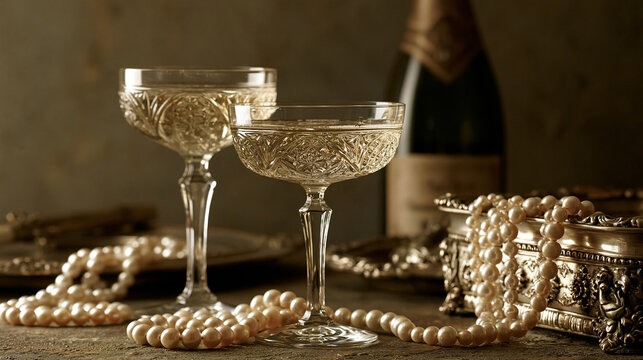 Vintage champagne coupes with pearls and a silver box in warm light. Ideal for luxury celebration and anniversary themes.