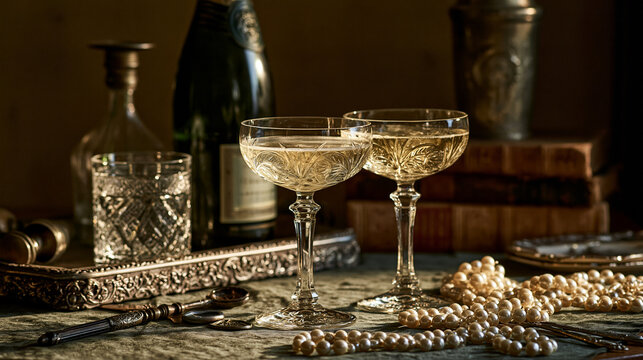 Vintage champagne coupes filled with sparkling wine sit amidst pearls and antique decor. Ideal for luxury celebration and party concept campaigns.