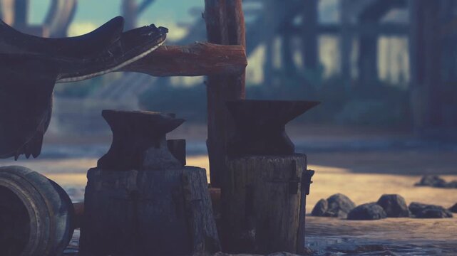 A blacksmith workspace shows two anvils positioned on wooden stands. Natural light filters through the area, highlighting the tools and surroundings. The scene captures a moment of craft and industry.