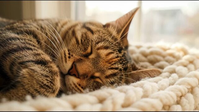 Tabby cat sleeping peacefully on knitted wool blanket indoors pet