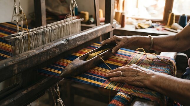 Close-up of artisan hands working on a traditional wooden loom weaving textile