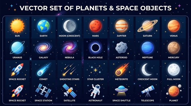 Vector set of planets and space objects