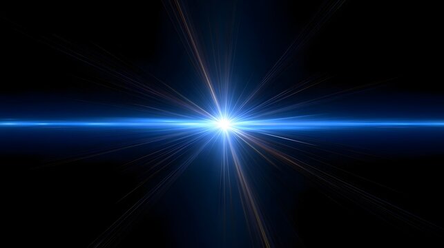 image of Brilliant blue starburst lens flare emanating from a central bright light source creating horizontal light streaks on white background background Stock Illustration