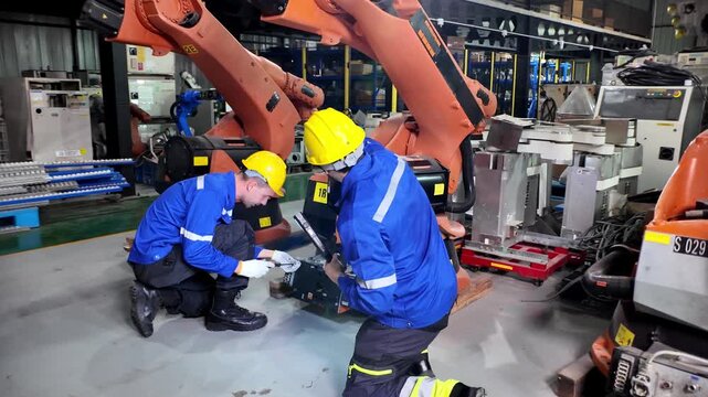 Factory workers in safety gear inspecting industrial robotic arm equipment