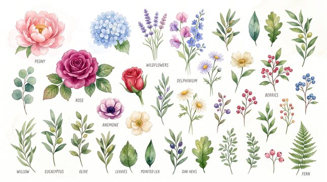 watercolor floral elements collection with flowers and leaves