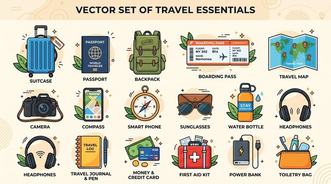 set of travel essentials icons