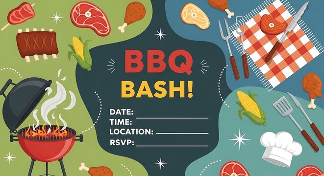 Colorful bbq bash invitation template with food illustrations
