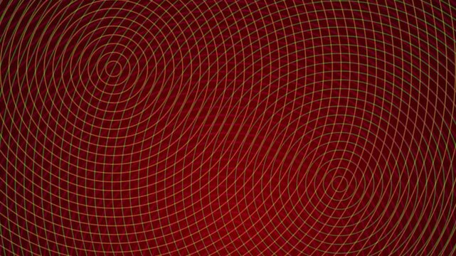 Abstract red background with intersecting circular ripple patterns in thin golden lines