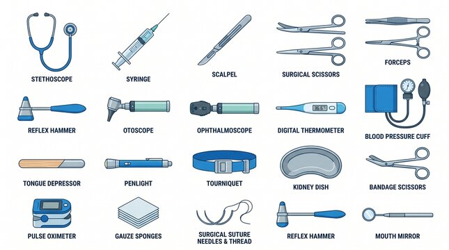 set of medical equipment and diagnostic tools icons