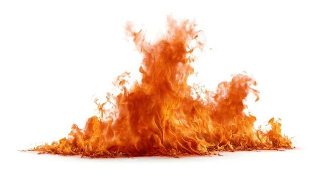 image of Realistic digital simulation of intense orange and yellow flames rising vividly from the ground on white background background Stock Illustration