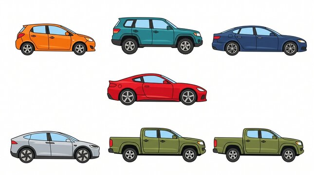 Set of various colorful car models in side view
