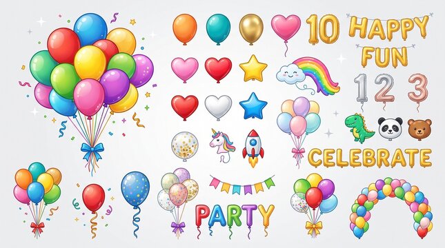 Colorful party balloons and festive decorations set
