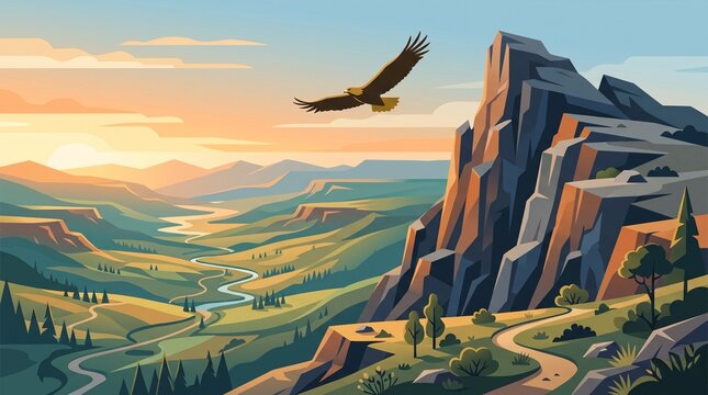 Eagle flying over a scenic mountain valley at sunset