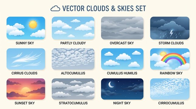 set of weather icons with various clouds and sky conditions