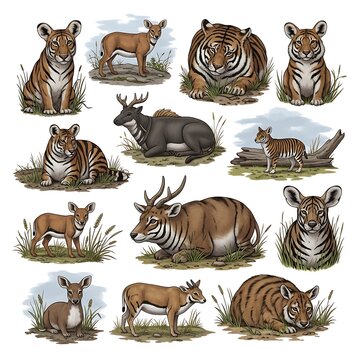 Collection of illustrated tigers and deer in various poses