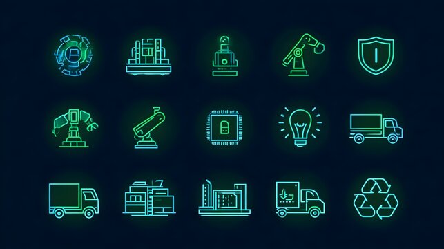 Industry 4.0 and smart factory icon set featuring automation, robotics, AI security, logistics, manufacturing, and sustainable production icons for professional industrial design. Stock Vector