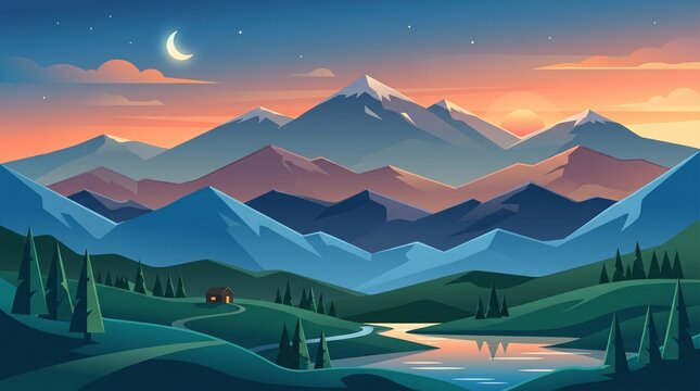 Serene mountain landscape at dusk with crescent moon