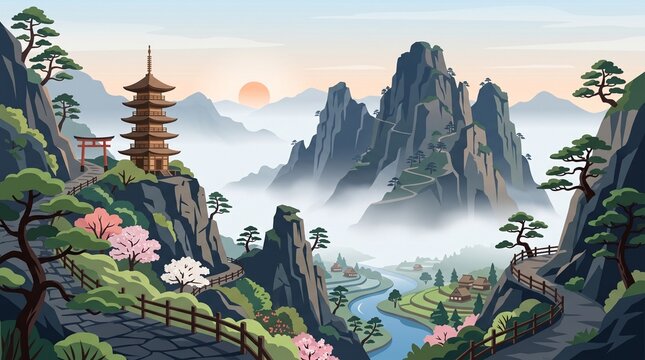 Traditional Japanese landscape with pagoda and misty mountains