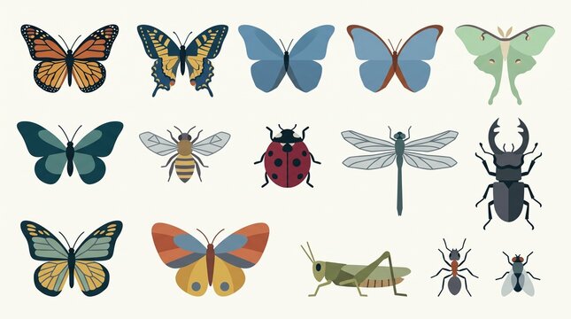 set of colorful insects and butterflies flat vector illustration
