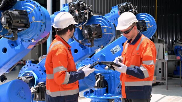 Industrial workers in hard hats inspect large blue robotic arms in a factory setting