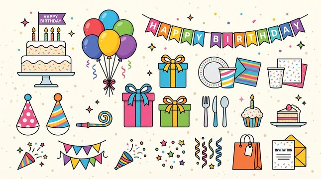 Cute Birthday Party Icon Set with Cake Balloons and Gifts