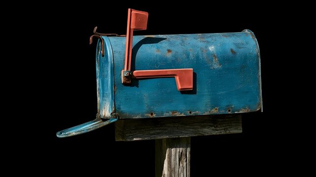 Isolated weathered blue rural mailbox with red flag open on rustic wooden post