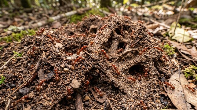 Red ants crawling on an anthill in the forest