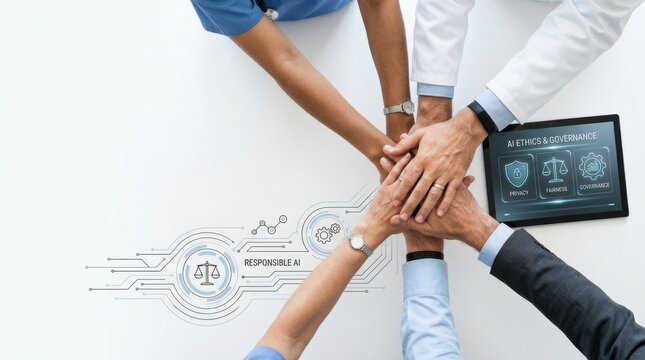 Diverse medical professionals joining hands in unity with digital compliance and ethics graphics