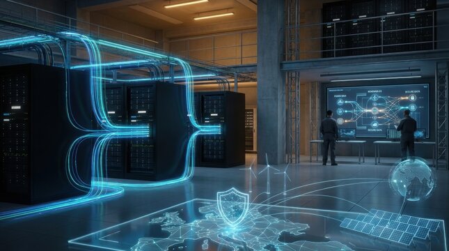 Futuristic server room with glowing data lines and digital security interface hologram