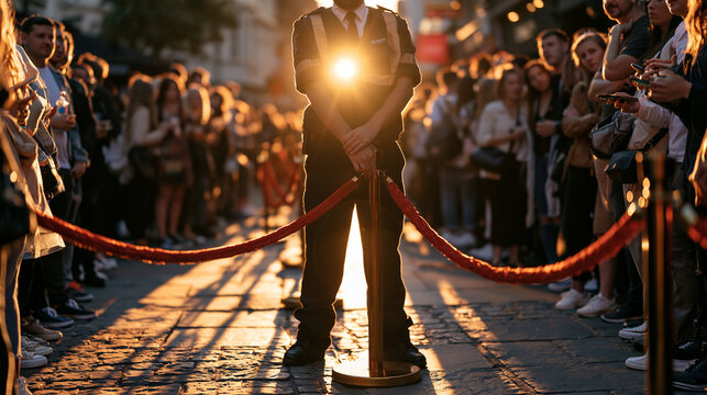 A nightclub security professional stands at a golden hour velvet rope as an autumn crowd queues on a sun-drenched pavement, the scene wide and atmospheric, warm backlight catching the bouncer's silh