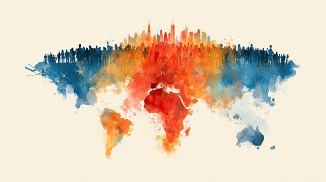 A world map rendered as watercolor, with people forming cities