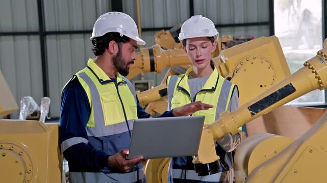 Engineers collaborate on heavy machinery using laptop in industrial setting