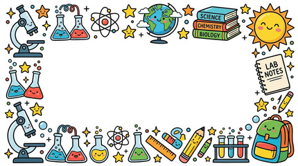 Naklejka premium Science classroom doodle border with microscope laboratory flask atom globe textbook sun notebook ruler pencil test tube and backpack