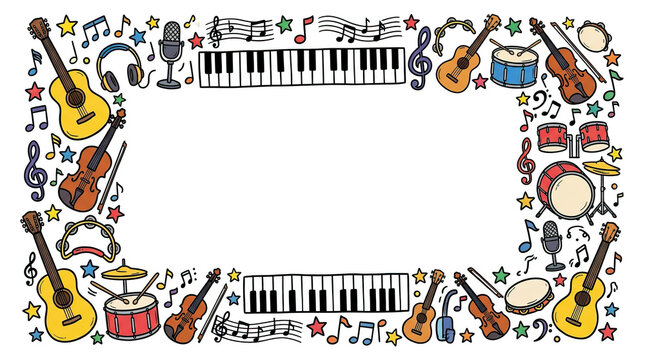 Music school doodle border frame with guitar, piano, violin, drum, microphone, musical note, and colorful star decoration creating playful educational design for children and lessons