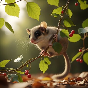 Small dormouse climbing on a leafy branch with red berries